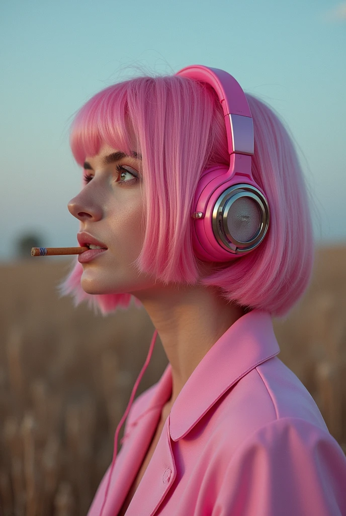 shoulder length pink Hair, fluffy bob cut, wearing headphones, Futuristic yet lofi, retro, master piece, (( side shot)), (( looking up )), ((Holding a cigarette)),Smoke from cigarettes, Chillout, relax, ((prairie))