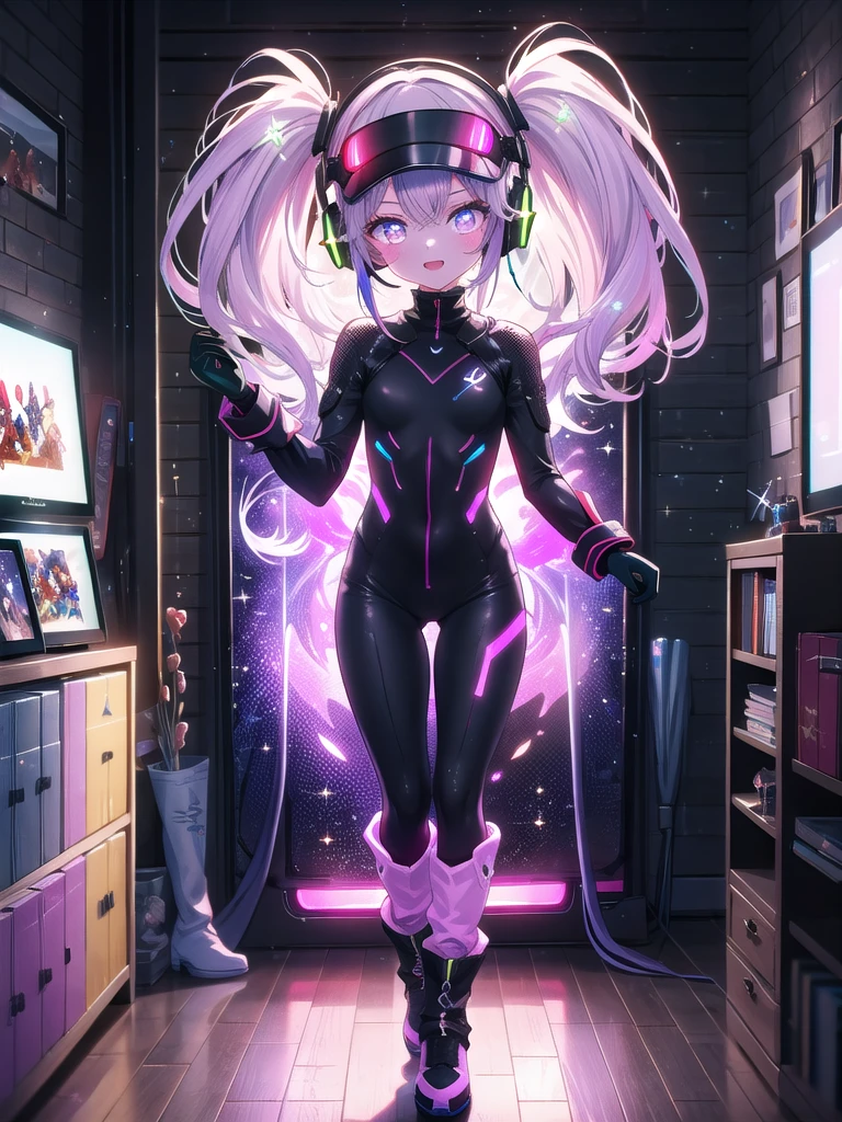 ((8k, Highest quality, masterpiece: 1.3)),Ultra-high resolution,(1 girl, alone), (Color changing eyes, Ultra-detailed, Expressive brilliance, Glitter, Glowing Eyes), Highly detailed eyes, Highly detailed face, Random Hair, ((pastel colour)),A lively young woman with pastel lavender hair styled into pigtails, standing in front of her vanity in her small but stylish bedroom. It’s early afternoon, and the room is bathed in bright, natural light. She is dressed in a popular video game character cosplay, wearing a sleek, futuristic bodysuit with glowing accents, a headset with attached visors, and boots with metallic details. The camera captures her from a mid-angle as she adjusts her visor, her face lit with anticipation and excitement. The room is filled with gaming posters, a few collector’s editions of video games on display, and a gaming setup in the corner, emphasizing her love for gaming and cosplay.
