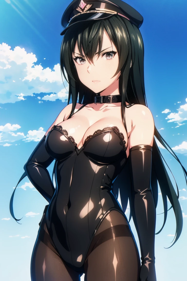 masterpiece, best quality, extremely detailed cg unity 8k wallpaper, extremely detailed cg, super fine illustration, beautiful, official art, production art, by famous artist, masterwork, exquisite, ultra high res, ultra detailed, insanely detailed, finely detailed, ultra quality, high quality, top quality, absurdres, absolutely resolution, incredibly absurdres, hair between eyes, long hair, black hair, (((pink eyes))), 16k portrait, anime screencap, anime style, anime best girl, beautiful portrait of cute anime girls, extremely detailed beautiful face and eyes, perfect face, perfect eyes, even eyes, symmetrical eyes, perfect female body, cross bangs, highly detailed, intricate, professional quality, slant eyes, 32k portrait, (((cowboy shot, body shot, lower body))), (((pantyhose, skin tight))), beautiful artwork, super detailed skin, large breasts, hdr, extremely high resolution, (((bare shoulder, bare collarbone))), deep detailed eyes, bondage,black leotard, cleavage cutout, cleavage, (((elbow gloves))), enamel clothes, gleaming skin, oil skin, shiny skin, bare cleavage, (((black animal collar))), (((black peaked military cap))), adult, perfect proportion, perfect anatomy, voluptuous, fearless face, adult face, blue sky background, concept art,