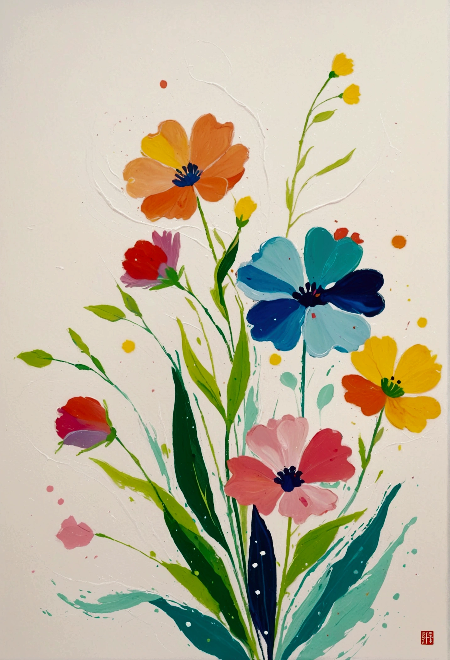 Fluid smudge painting，Dot，Colorful flowers，Minimalism，Inspired by the coronavirus。Negative Space Corner Composition