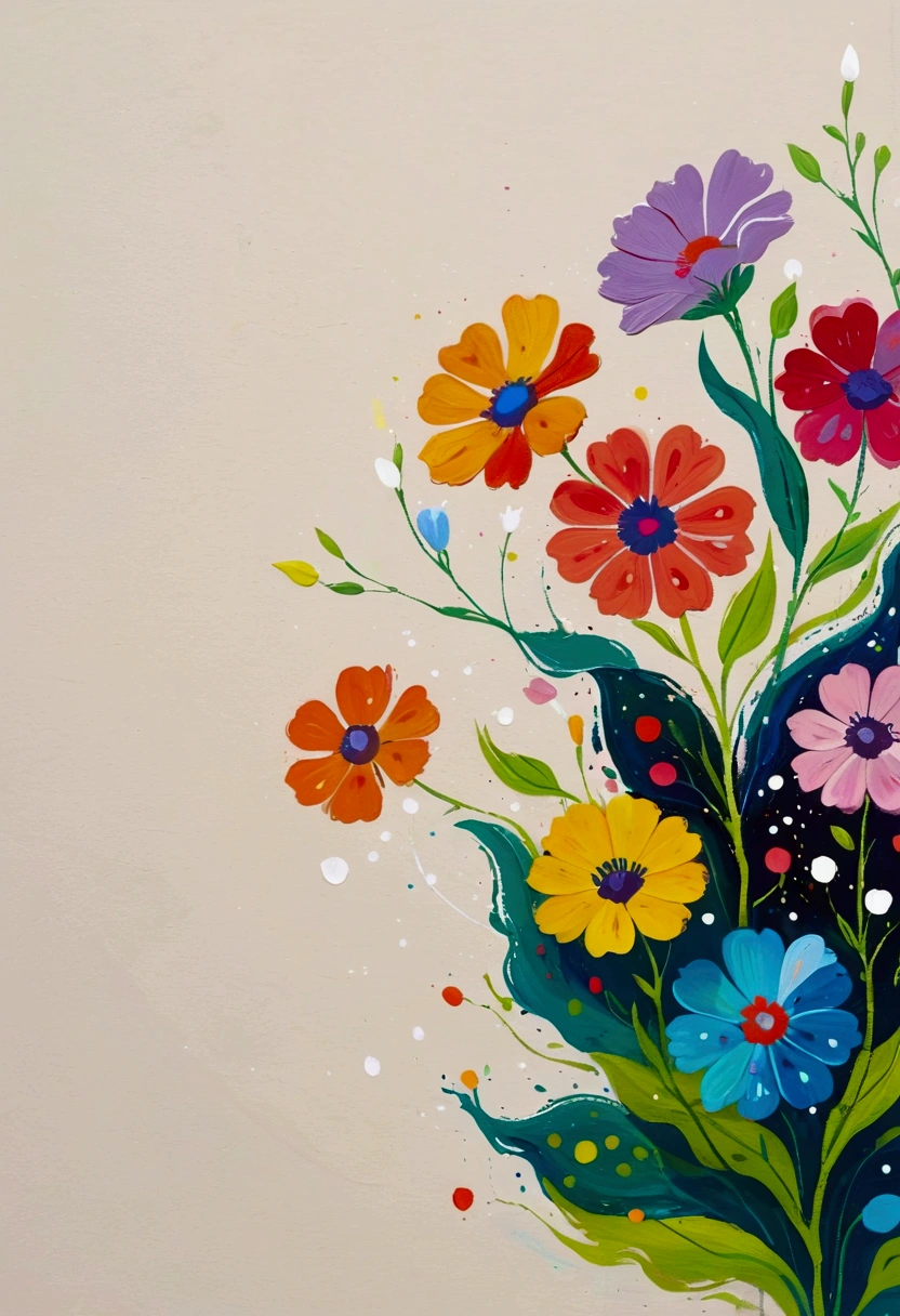 Fluid smudge painting，Dot，Colorful flowers，Minimalism，Inspired by the coronavirus。Negative Space Corner Composition