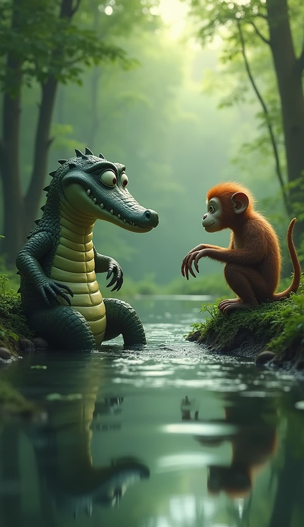 Two friends, a crocodile and a monkey, live in a forest on the banks of a river
