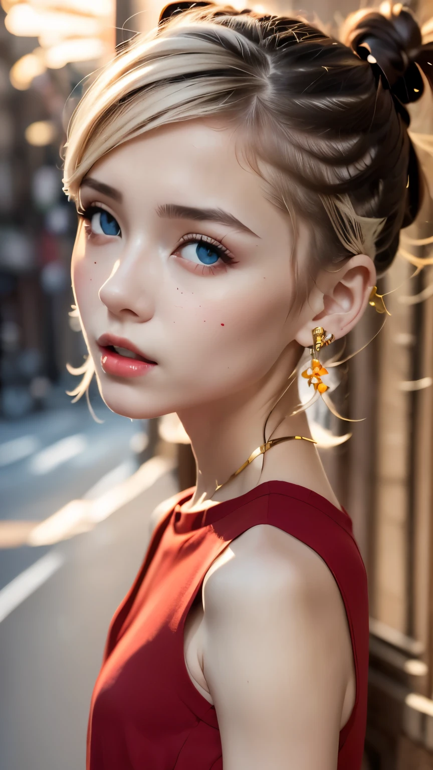 pretty girl, (Ash Blonde Hair), ((very bun hair)), Perfect Face, An innocent smile, Upper Body,(blue eyes), (small), (thin)、((small胸)), ((Only 16))、 Skin Dentition, Extremely detailed, Attractive oval face, Red lips, Red cheeks, Glowing Skin, Fine hair, Face Focus,  Gorgeous hair ornament, Gold earrings, ((1 girl)), Embarrassed expression,