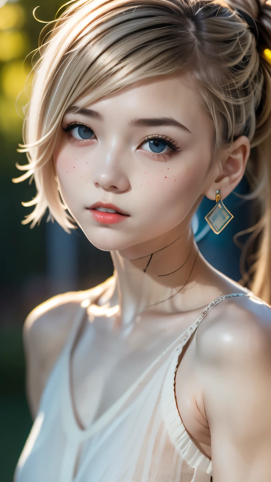 pretty girl, (Ash Blonde Hair), ((very bun hair)), Perfect Face, An innocent smile, Upper Body,(blue eyes), (small), (thin)、((small胸)), ((Only 16))、 Skin Dentition, Extremely detailed, Attractive oval face, Red lips, Red cheeks, Glowing Skin, Fine hair, Face Focus,  Gorgeous hair ornament, Gold earrings, ((1 girl)), Embarrassed expression,