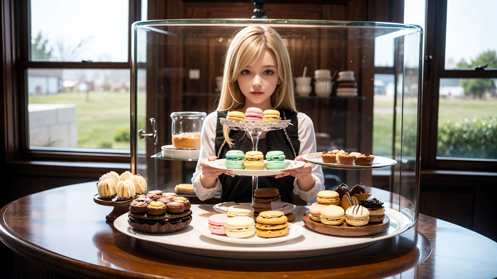 masterpiece, Very detailed, (Little:1.3), , (One girl), Blonde, pastel colour, Cozy atmosphere, Dessert display case, Macaroons, cupcake, tart, cake, coffee maker, Blackboard Menu, Natural light, Glass jar filled with candy, Frosted window glass, Decorative Plate, Whimsical decor, Sugar Sculpture,