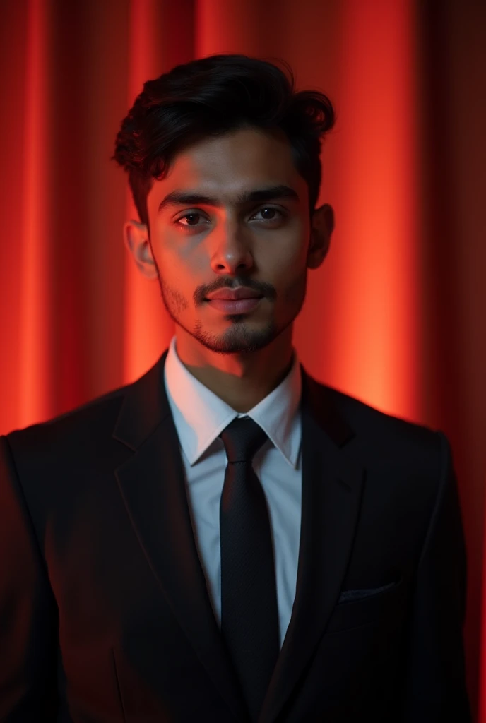 21 year old Pakistani boy With fair skin and narrow body Posing for a linkedin picture in formals red light in background