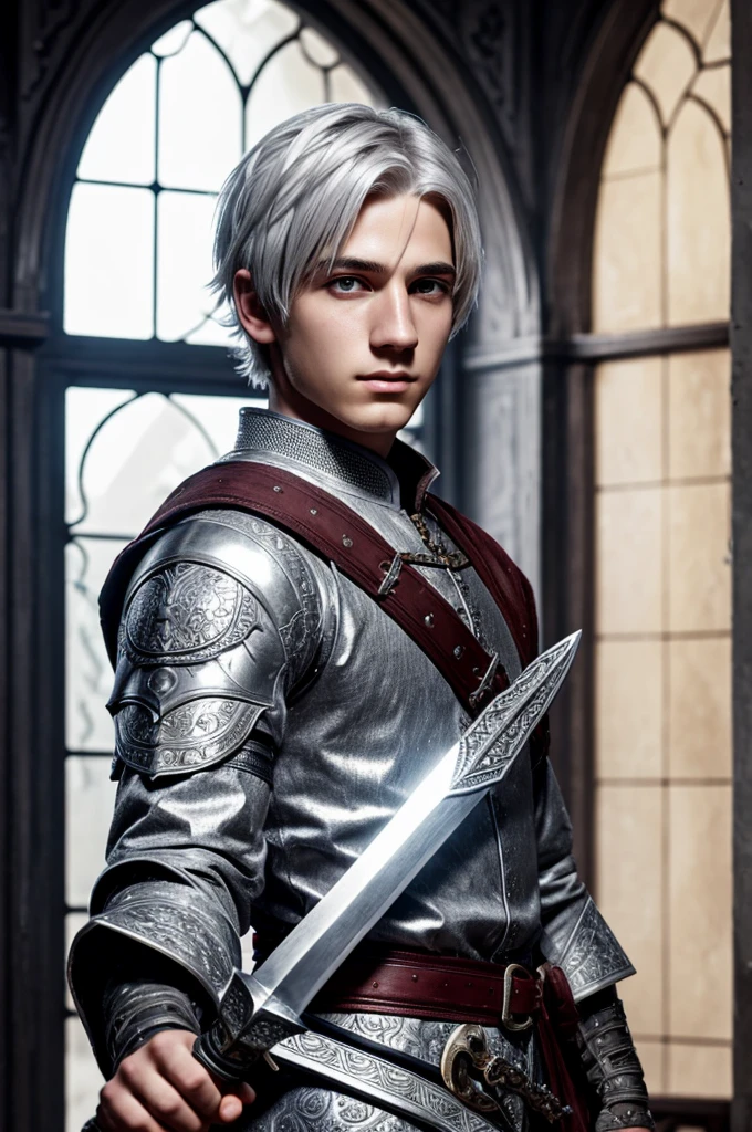 Middle Ages youth man, light gray eyes, white hair,short hair, white skin, detailed facial features, rich clothing, ornate sword, incredible detail, volumetric lighting, dramatic composition, cinematic lighting, rich colors