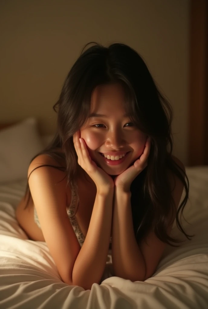 Asian girl best friend on sleep over, dim light, cute, half naked, laying on bed beside me