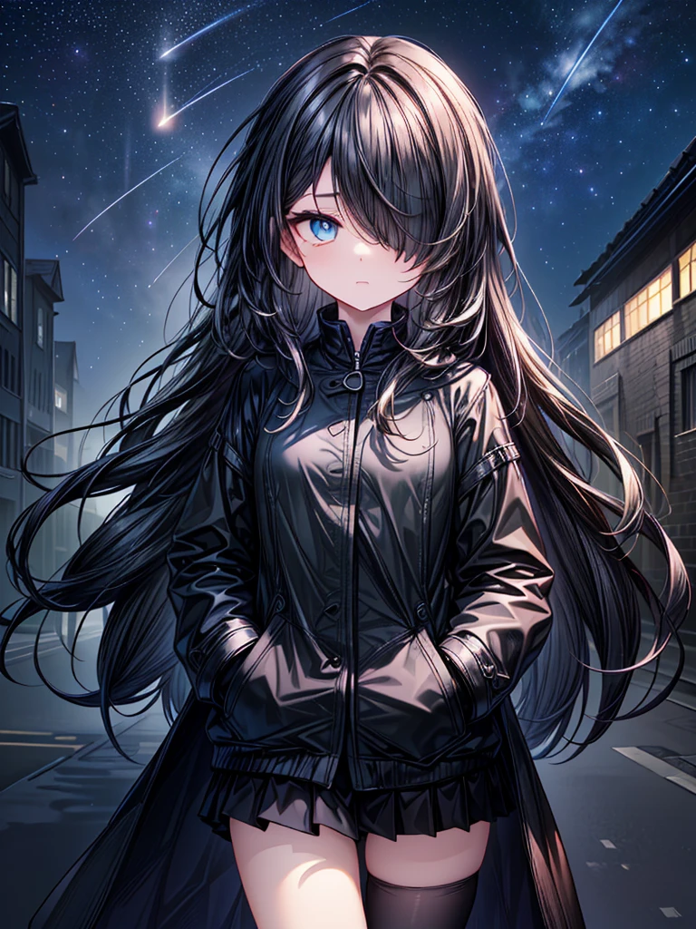 ((Oriental Project)),((masterpiece)),((Highest quality)),((Fascinating)),((alone)),((Deep blue pupils)),((Beautiful Blue Eyes)),((Wearing a black coat)),((Wearing a black mini skirt,She is wearing black tights under her skirt)),((Slim legs)),((length, Shiny black hair)),((Her left eye is completely hidden by her bangs)),((Her hair is parted, and you can see her eyes through it)),((Wearing black gloves)),((hair over one eye,long hair)),,((Complex background)),((Starry night view)),(Standing on a hill)),((Put your arms in your pockets)),((Looking up at the night sky)),((Stereoscopic perspective))
