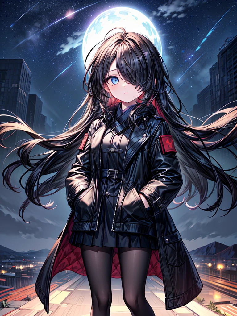 ((Oriental Project)),((masterpiece)),((Highest quality)),((Fascinating)),((alone)),((Deep blue pupils)),((Beautiful Blue Eyes)),((Wearing a black coat)),((Wearing a black mini skirt,She is wearing black tights under her skirt)),((Slim legs)),((length, Shiny black hair)),((Her left eye is completely hidden by her bangs)),((Her hair is parted, and you can see her eyes through it)),((Wearing black gloves)),((hair over one eye,long hair)),,((Complex background)),((Starry night view)),(Standing on a hill)),((Put your arms in your pockets)),((Looking up at the night sky)),((Stereoscopic perspective))