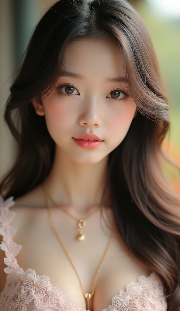 Beautiful girl, Hair that falls over the shoulders, Clear Eyes, Smooth Hair, Exquisite and perfect facial features, The most beautiful big eyes, Long eyelashes, The gentle eyes of a lying silkworm, Pouting, Dynamic Angle, Ultimate image quality, Highest precision, Accurate and perfect human body, necklace, bust, close, Outdoor, The background is flowers and plants, Long Shot, small , Very good