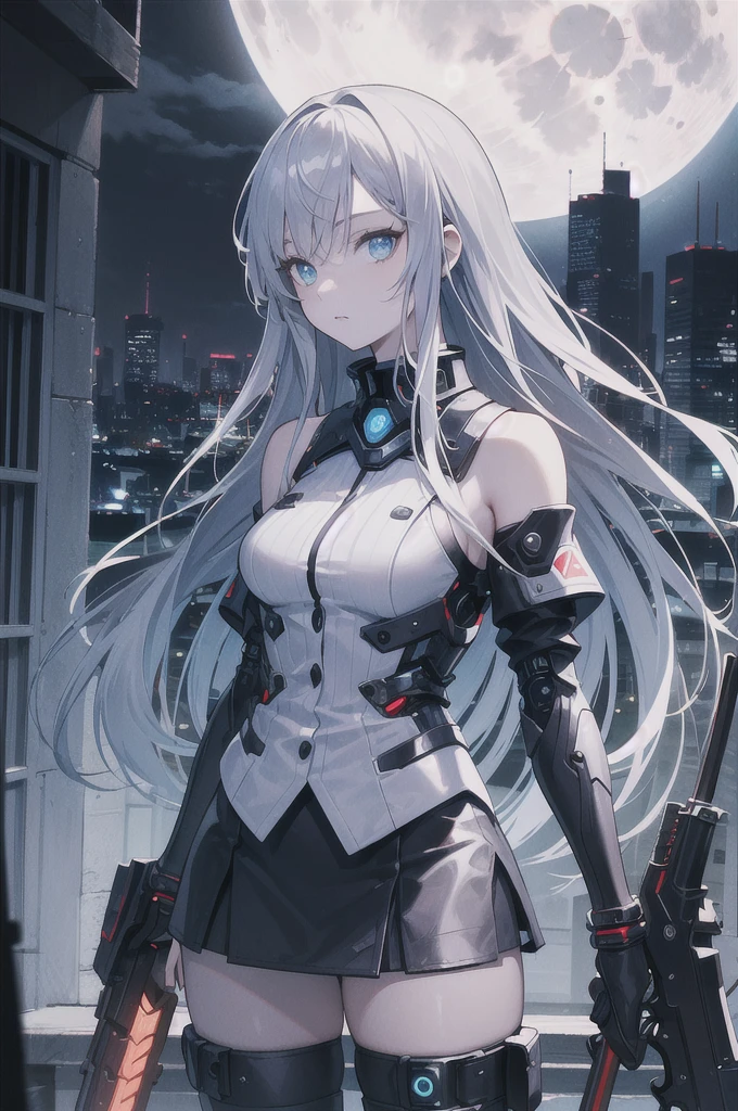 ((masterpiece)), ((best quality)), ((best illustration)), ((ultra-detailed)),((photorealistic color)), 1 lady, solo, teenager, absurdly long hair, silver hair, straight hair, ((blue eyes)), ((hyper detailed eyes)), ((hyper detailed face)), gloomy face, ((holding cybernetic weapon)), lonely, looking at viewer, business suit, off shoulder, sleeveless, ((miniskirt)), bare legs, thin body, thin arms, long arms, standing, cowboy shot, side view, rooftop, skyline, urban, night, moonlight, backlight
