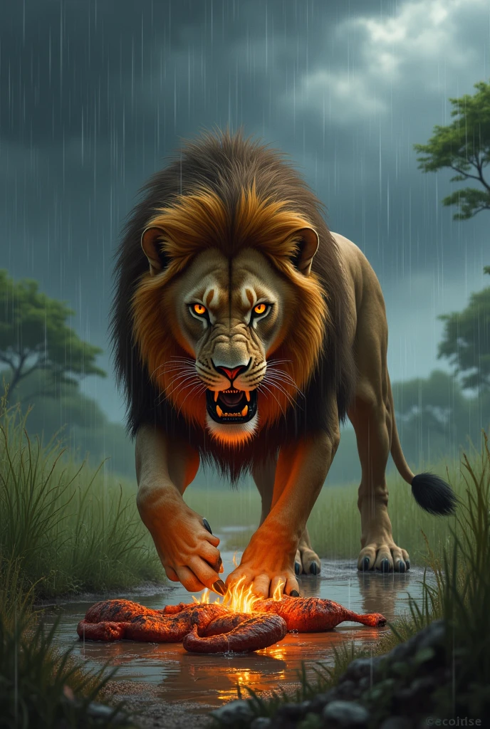 Rainy weather is ruining a grilled lion snack.