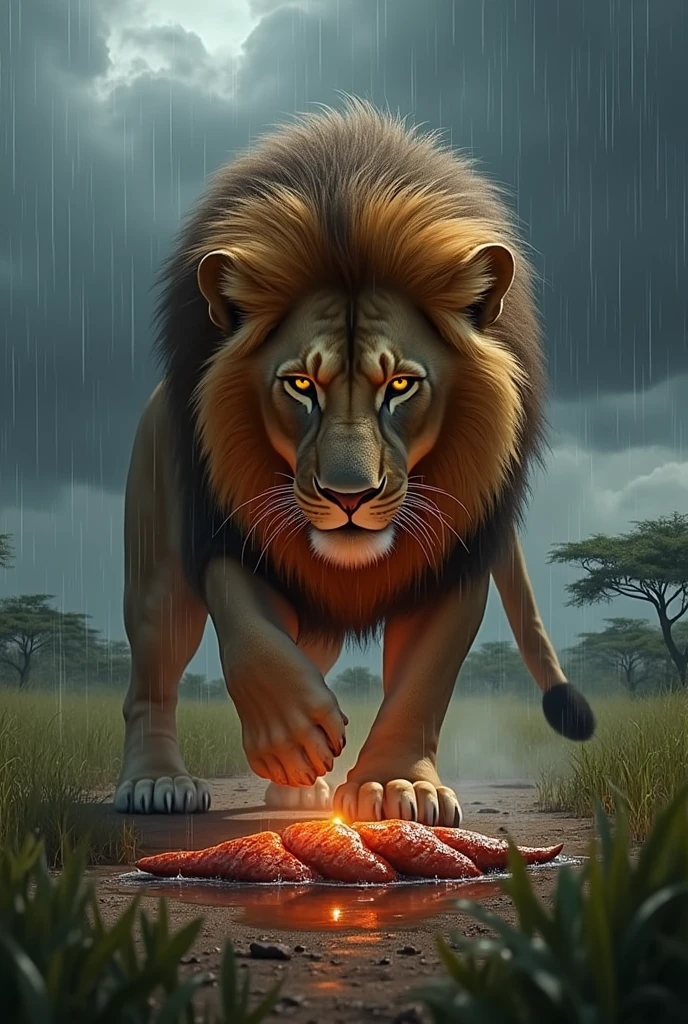 Rainy weather is ruining a grilled lion snack.