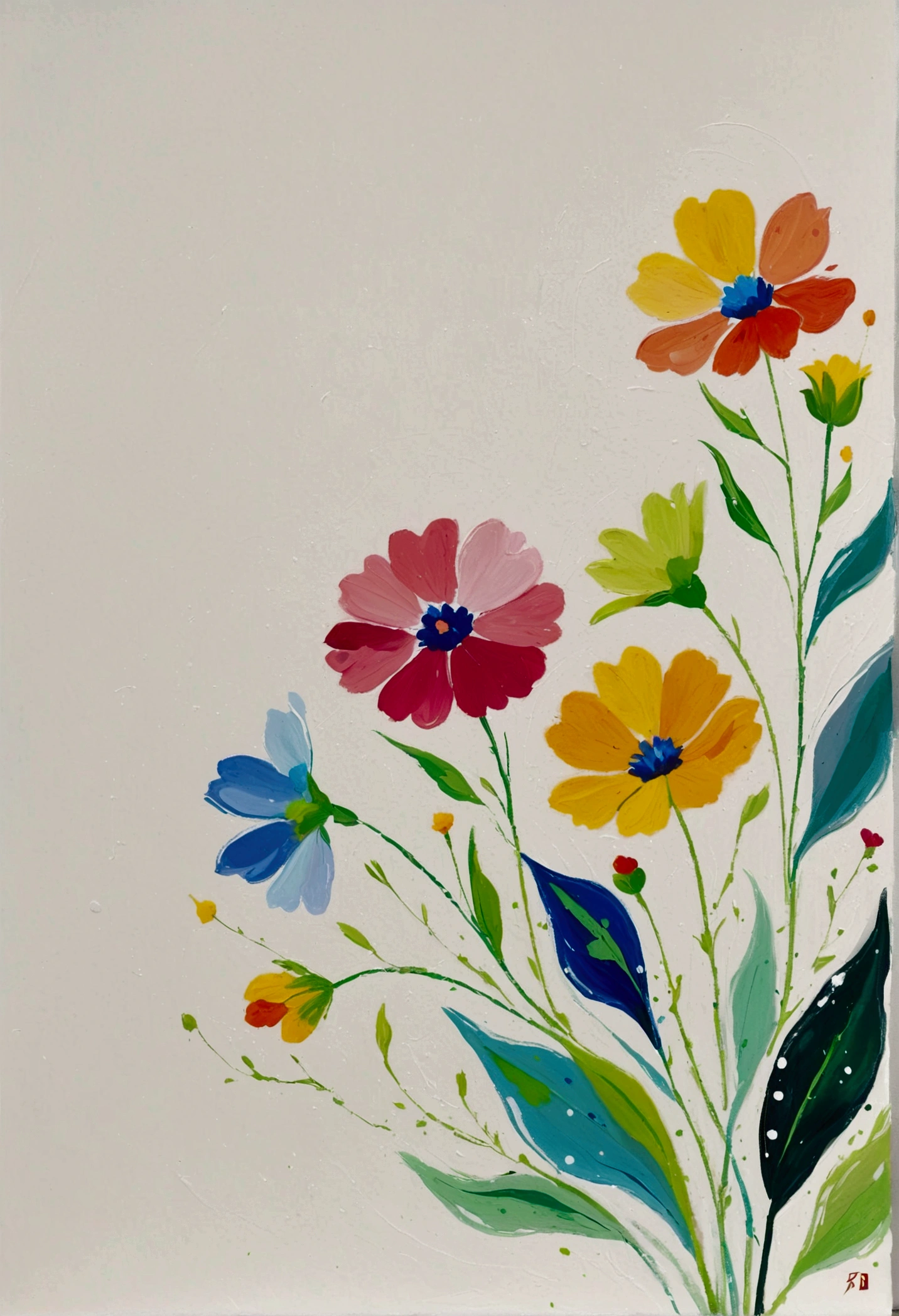 Fluid smudge painting，Dot，Colorful flowers，Minimalism，Inspired by the coronavirus。Corner Composition