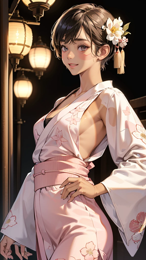 (perfect anatomy:1.2)(absurdres, highres, ultra detailed),masterpiece,best quality,high resolution,8k,Realistic face,Realistic skin texture,magnified textures, stunning clarity,detailed anime girl,(ultra detailed eyes and face),(1 girl)(14 years old:1.2),(baby face:1.2),japanese girl,floral printed blue yukata,、(very short hair:1.5)(two side up:1.6)、tareme,light brown hair:1.2,、glamor、short stature,,Steampunk in the meiji Period、、hieroglyph、Ancient Egyptian statues,(tanned skin:1.5),big breasts,look up viewer,round face,Shoulder Bare,(from front:1.2),cleavage cutout,(smile:1.1)(grin:1.1),(White flower-patterned yukata:1.2)(thin fabrik),(light pink obi:1.2),hands on own hips,、night、Lobby of Japanese Ryokan、