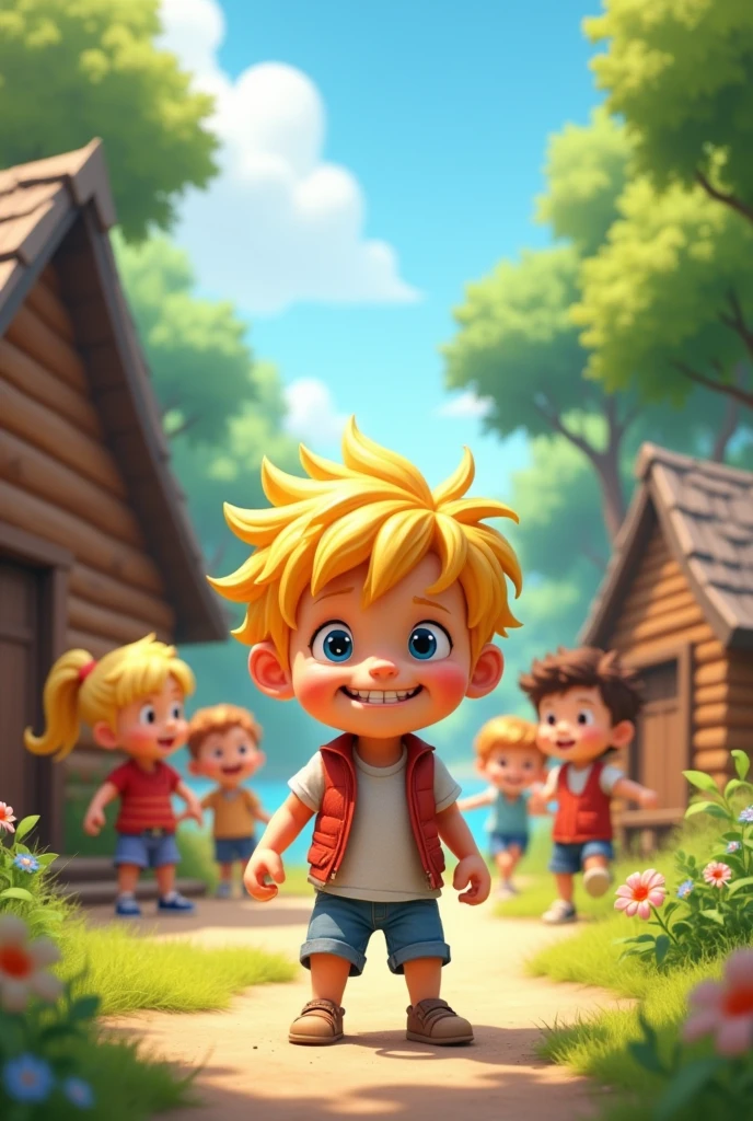 Create a realistic and funny image with a child as the main character, with blonde hair, and several children at a summer camp