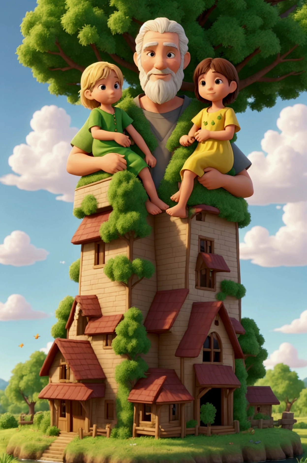 Create a peaceful scene of Noah and his family living harmoniously in a renewed world. Show them tending to crops, caring for animals, and enjoying the tranquility of their surroundings. The sky is clear, and the environment is lush. The dialogue should narrate: 'The story of Noah is a powerful reminder of faith and God's faithfulness. A story of destruction, but also of renewal and hope for humanity