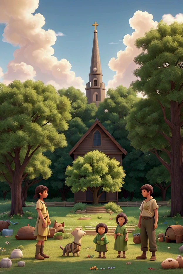 Create a peaceful scene of Noah and his family living harmoniously in a renewed world. Show them tending to crops, caring for animals, and enjoying the tranquility of their surroundings. The sky is clear, and the environment is lush. The dialogue should narrate: 'The story of Noah is a powerful reminder of faith and God's faithfulness. A story of destruction, but also of renewal and hope for humanity