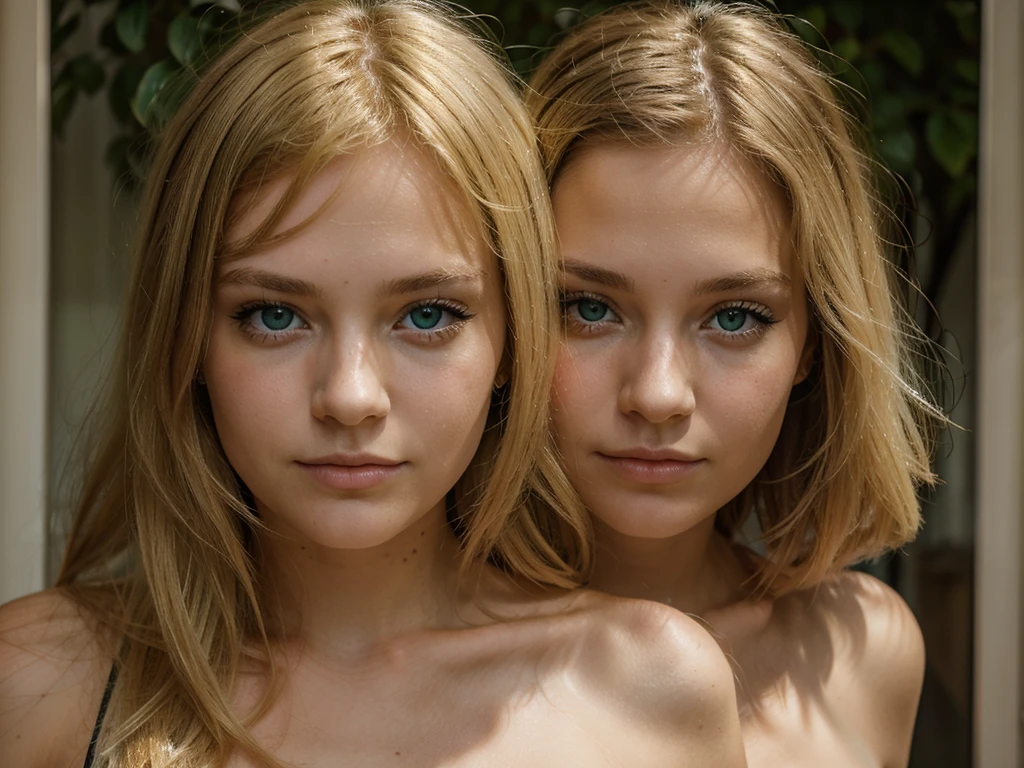 photo réaliste, jeune femme blonde, yeux vert, portrait