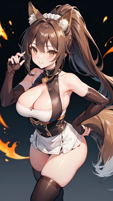 Woman,26 year old, curvy,brown hair,middle hair,ponytail,wave hair,light smile,amber eye,large breasts,fox ears,classic maid, elbow gloves, fingerless gloves