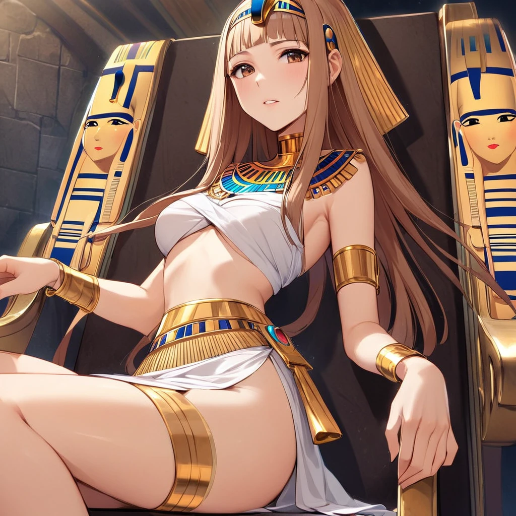 ((Highest quality)), ((masterpiece)), (detailed), （Perfect Face）、The woman with the face of Tutankhamun in ancient Egypt is Asuna Yuuki with bright brown hair, semi-long hair, and a magnificent Tutankhamun face wearing a Tutankhamun hat. Her face is completely Tutankhamun and she is wearing clothes like Cleopatra.、The woman is dressed as Tutankhamun of ancient Egypt.、A woman sits on an ancient Egyptian throne and reigns with the golden face of Tutankhamun