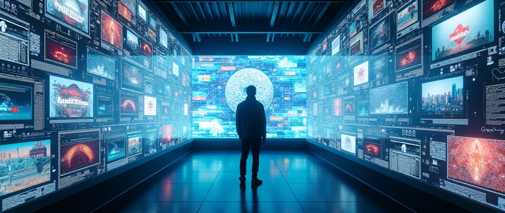 a person standing in front of a vast array of high-resolution screens, each showcasing diverse digital content from video game visuals to social media feeds, the room is sleek and futuristic, brimming with advanced technology, conveying a sense of awe and immersion in digital culture, the atmosphere is dynamic and vibrant, with a buzzing energy that reflects the intensity of modern media, lighting is bright and multi-directional, highlighting the screens and casting subtle reflections on the persons face,