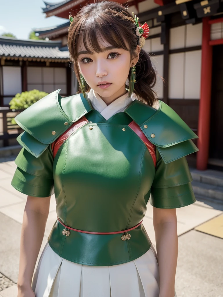 ( bangs, blunt bangs, brown hair, short ponytail,, Depth of written boundary, f/4.0, 135mm, Nikon, uhd, masterpiece, Textured skin, Super detailed,4K,Wide-area lighting),(Beautiful woman: 1.4、Very white skin、Fine grain、 double eyelid)、(((hair ornaments、Wearing green leather armor、Bust Shot、Rin々Funny face、Sengoku period、Japanese-style building、Samurai)))