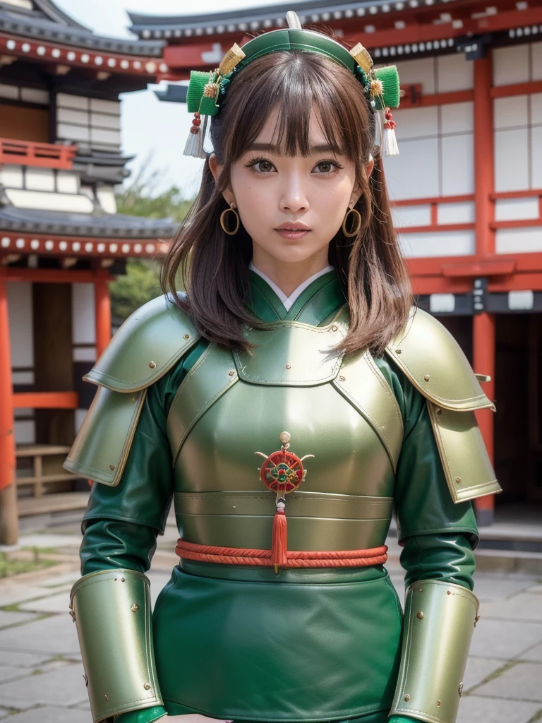 ( bangs, blunt bangs, brown hair, short ponytail,, Depth of written boundary, f/4.0, 135mm, Nikon, uhd, masterpiece, Textured skin, Super detailed,4K,Wide-area lighting),(Beautiful woman: 1.4、Very white skin、Fine grain、 double eyelid)、(((hair ornaments、Wearing green leather armor、Bust Shot、Rin々Funny face、Sengoku period、Japanese-style building、Samurai)))