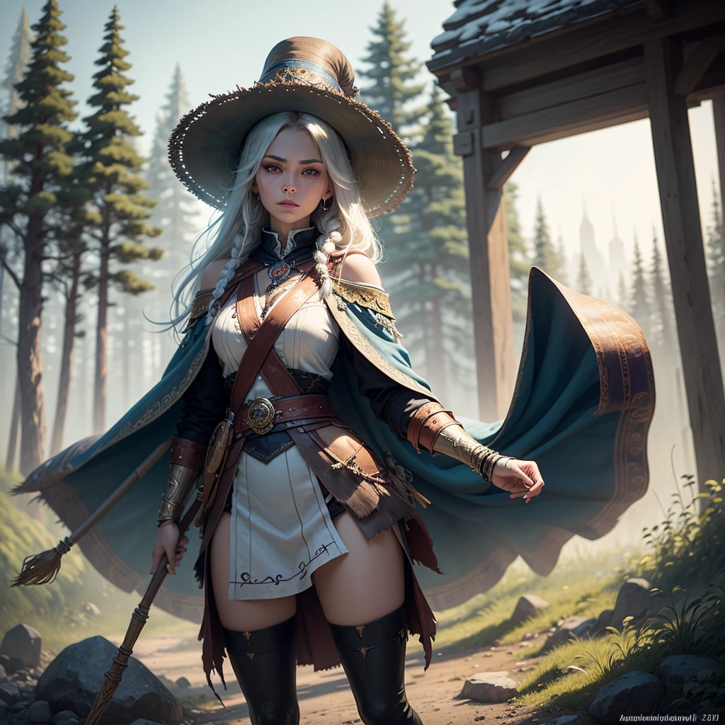 ((masterpiece)),(((Best quality))), character design, illustration, The main character in the Scandinavian Nordic theme. shaman, woman. It is necessary to depict an interesting weapon and a guardian spirit, next to the character is a guardian spirit, shaman, unusual staff, The preferred details would be a dynamic pose., Outside, its dynamics. Details of the image. Interesting, full length, персонаж shaman, дух рядом с shamanом