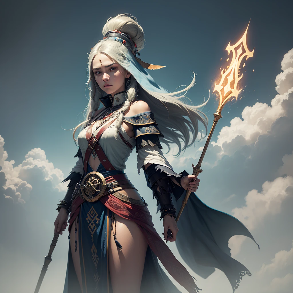 ((masterpiece)),(((Best quality))), character design, illustration, The main character in the Scandinavian Nordic theme. shaman, woman. It is necessary to depict an interesting weapon and a guardian spirit, next to the character is a guardian spirit, shaman, unusual staff, The preferred details would be a dynamic pose., Outside, its dynamics. Details of the image. Interesting, full length, персонаж shaman, дух рядом с shamanом