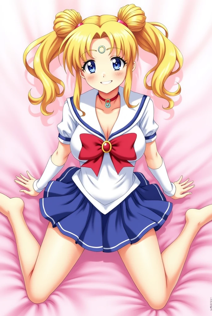 (best quality,masterpiece:1.2),absurd,1 girl,spread legs,twin tails,smile,detailed eyes,detailed lips,illustration,realistic,soft lighting,vibrant colors,playful,naughty,erotic,provocative,dreamlike,sexy pose,sensual,pink tones,creative composition,no bra,small boobs,high resolution,anime,masterpiece,1 girl,((bimbo))),sexy face,blue eyes,blonde hair,double buns,long twin tails,puffy lips,painted lips,thick lips,wide hips,thick thighs,huge fake breasts,huge round ass,shiny skin,parted bangs,hair ornament,circle,jewelry,earrings,choker,see-through,underboob,red bow,white elbow-length gloves,blue skirt,sailor uniform senshi, oily skin, bossy, image from above,