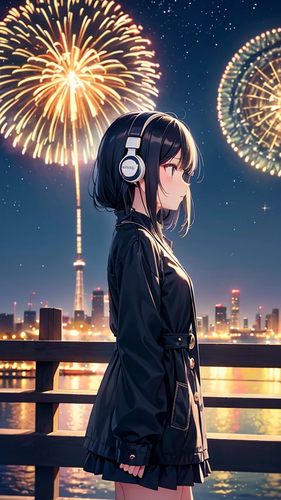 A Ferris wheel with night fireworks in the background。A young girl with black hair wearing stylish clothes and headphones labeled "lo-fi" The girl is shown in profile, gazing into the distance with a calm, relaxed expression Background depicts the iconic scenery of Namba, Osaka at night, without any text on signs A starry night sky adding to the peaceful atmosphere Overall mood is quiet and serene, perfect for lo-fi music Detailed hair rendering and careful attention to the girl's fashionable outfit The entire scene should evoke a relaxing, introspective feeling associated with lo-fi music