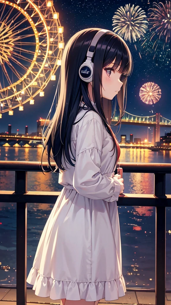 A Ferris wheel with night fireworks in the background。A young girl with black hair wearing stylish clothes and headphones labeled "lo-fi" The girl is shown in profile, gazing into the distance with a calm, relaxed expression Background depicts the iconic scenery of Namba, Osaka at night, without any text on signs A starry night sky adding to the peaceful atmosphere Overall mood is quiet and serene, perfect for lo-fi music Detailed hair rendering and careful attention to the girl's fashionable outfit The entire scene should evoke a relaxing, introspective feeling associated with lo-fi music