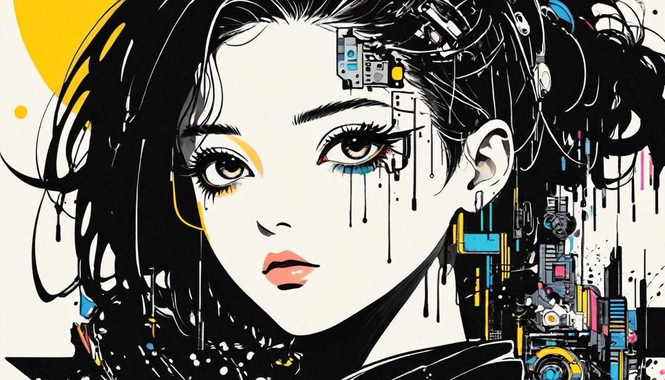 Creating montage art。Minimalism,ink,anime Line art, girl, cute, cyber punk, ink paint Line art, Vector art, Bold Line, Drafting, (Line art:1.4), Minimalism者, masterpiece, Black and White,