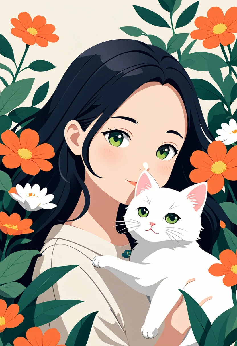 Cute girl hugging white cute cat on background of flowers and green plants (close up) Flat style vector art, Flat vector art uses simplicity in vector art、Pure expression,Highlight simplicity and clarity of form,Bring simplicity and modernity to your work