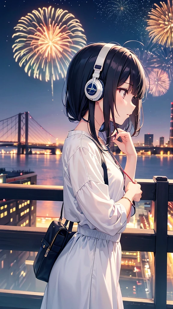 A Ferris wheel with night fireworks in the background。A young girl with black hair wearing stylish clothes and headphones labeled "lo-fi" The girl is shown in profile, gazing into the distance with a calm, relaxed expression Background depicts the iconic scenery of Namba, Osaka at night, without any text on signs A starry night sky adding to the peaceful atmosphere Overall mood is quiet and serene, perfect for lo-fi music Detailed hair rendering and careful attention to the girl's fashionable outfit The entire scene should evoke a relaxing, introspective feeling associated with lo-fi music