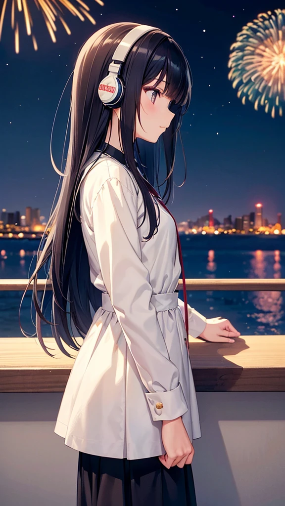 A Ferris wheel with night fireworks in the background。A young girl with black hair wearing stylish clothes and headphones labeled "lo-fi" The girl is shown in profile, gazing into the distance with a calm, relaxed expression Background depicts the iconic scenery of Namba, Osaka at night, without any text on signs A starry night sky adding to the peaceful atmosphere Overall mood is quiet and serene, perfect for lo-fi music Detailed hair rendering and careful attention to the girl's fashionable outfit The entire scene should evoke a relaxing, introspective feeling associated with lo-fi music