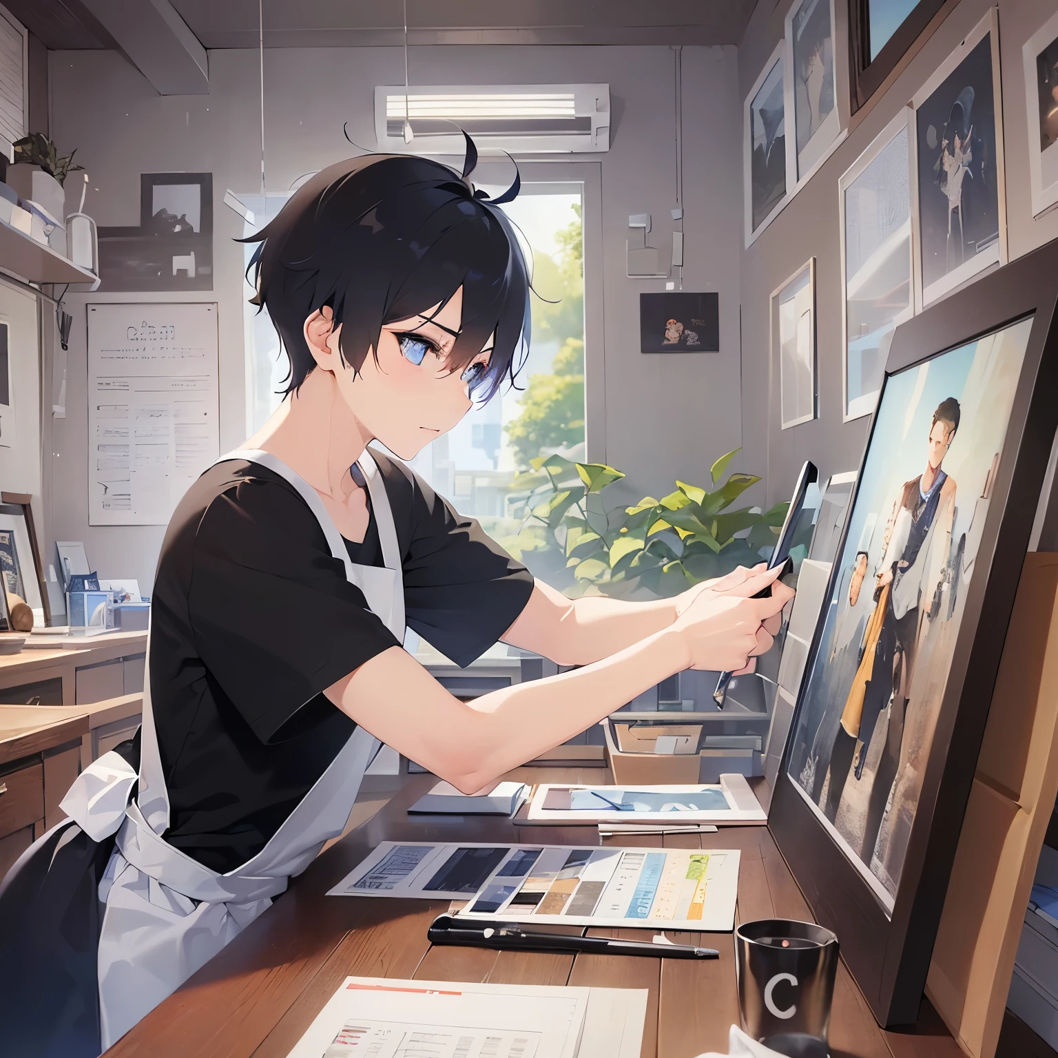 (looking away:1.5)、(25-year-old male:1.3) and (Black short hair) and (blue eyes), ,Side shot、upper body、canvasに絵を描いている、
shiny skin, masterpiece、Highest quality、
(black T shirts)、apron、canvas、
Serious,Art Room