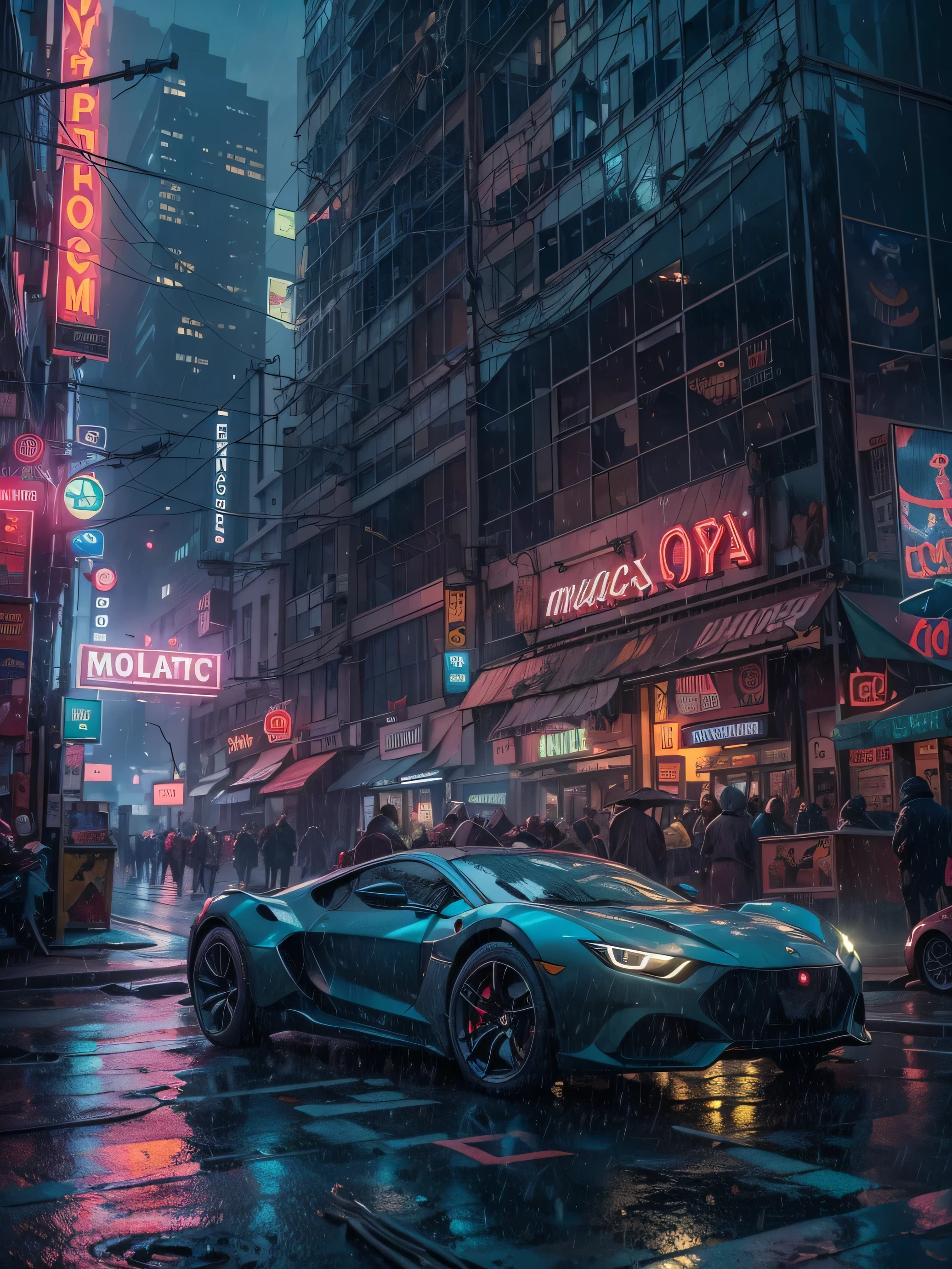 (((Masterpiece))),high resolution,realistic details,sharp focus, hyper-realistic landscape photo of a dystopian New York City set in the year 2527, cyberpunk. The cityscape should feature futuristic skyscrapers going through the clouds with sharp details, illuminated by vibrant neon lights and holograms. Capture the scene from a street-level perspective during a dark and rainy night. The atmosphere should convey a bustling yet ominous mood, highlighting the contrast between the dystopian environment and advanced technology, super futuristic cars, flying cars.(Very detailed: 1.3),4k