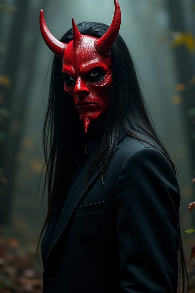 A long black haired man looking behind wearing a red demon mask