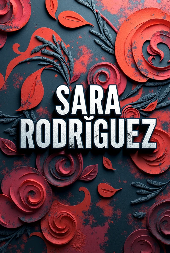 SARA RODRÍGUEZ letters in the foreground with decorated nails background