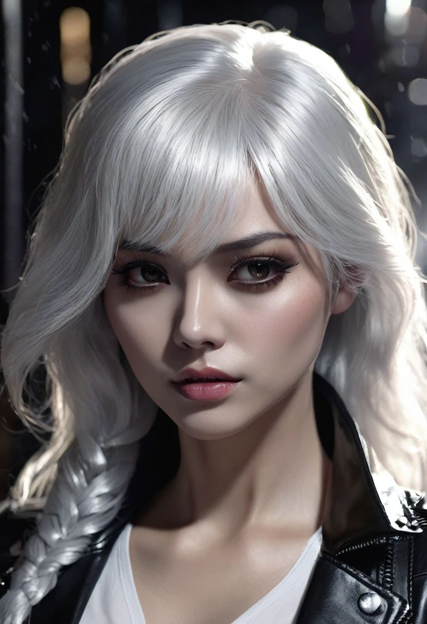 1 woman, inside a very dark place, wearing a white blouse and a black leather jacket over it, nice breasts, detailed facial features, fully black female demon eyes, detailed white skin, very long silver-gray hair, dramatic lighting, cinematic composition, dark palette, dark colors, atmospheric haze, strong body, thin chin, 25 years old, very beautiful (best quality, 4K, 8K, high resolution, artwork: 1.2), ultra detailed, (realistic, photorealistic, photorealistic: 1.37)