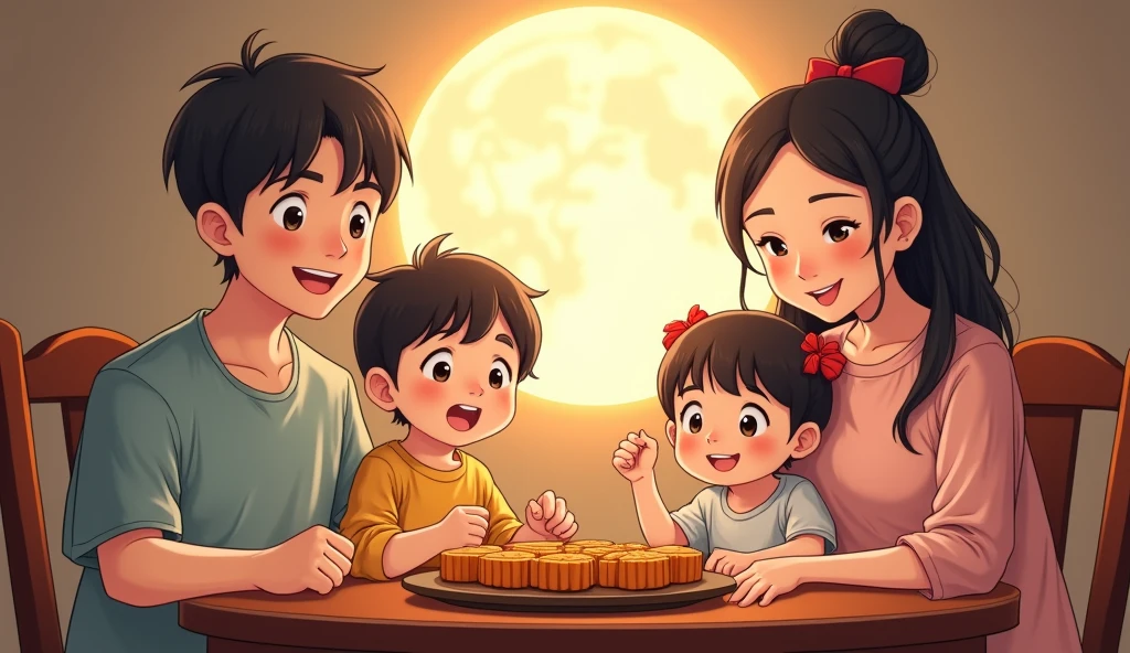 (Top Quality, 8K, Masterpiece), (Super Fine Detail of Face and Eyes), (Perfect Finger Detail). Hand-drawn, cartoon, anime, a 30-year-old handsome father and a 28-year-old beautiful mother sit at a round table with their two children, an 8-year-old beautiful girl and a 6-year-old cute boy. There is a plate of mooncakes on the table, each one more beautiful than the other. The whole family was enthusiastically involved, with joy on their faces. Warm scene.