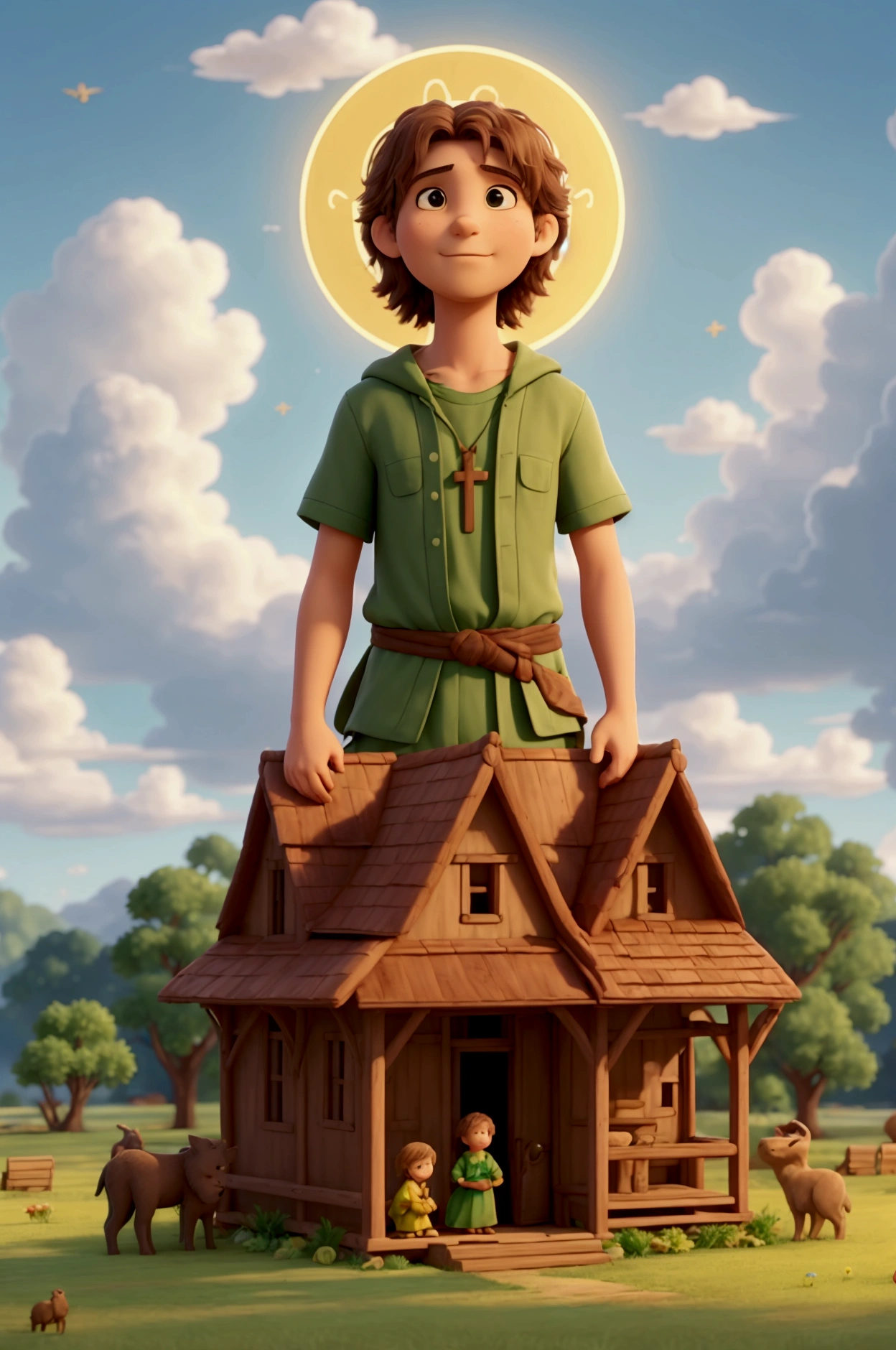 Create a peaceful scene of Noah and his family living harmoniously in a renewed world. Show them tending to crops, caring for animals, and enjoying the tranquility of their surroundings. The sky is clear, and the environment is lush. The dialogue should narrate: 'The story of Noah is a powerful reminder of faith and God's faithfulness. A story of destruction, but also of renewal and hope for humanity