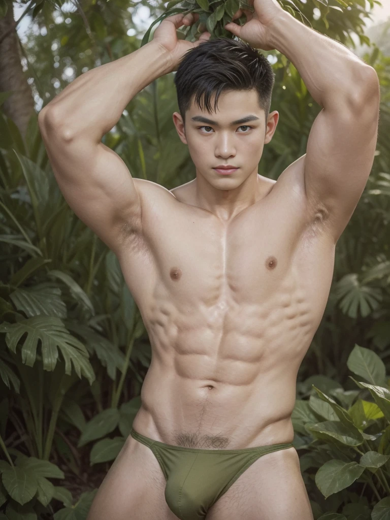 arafed handsome vietnamese male soldier, young boy, serious, confident, pale white skin, shaved armpit, lifted arms, soft smile, detailed skin, pores, wearing nothing but sexy olive green thong, muscular!!!, outdoors, military training grounds, dim lightings