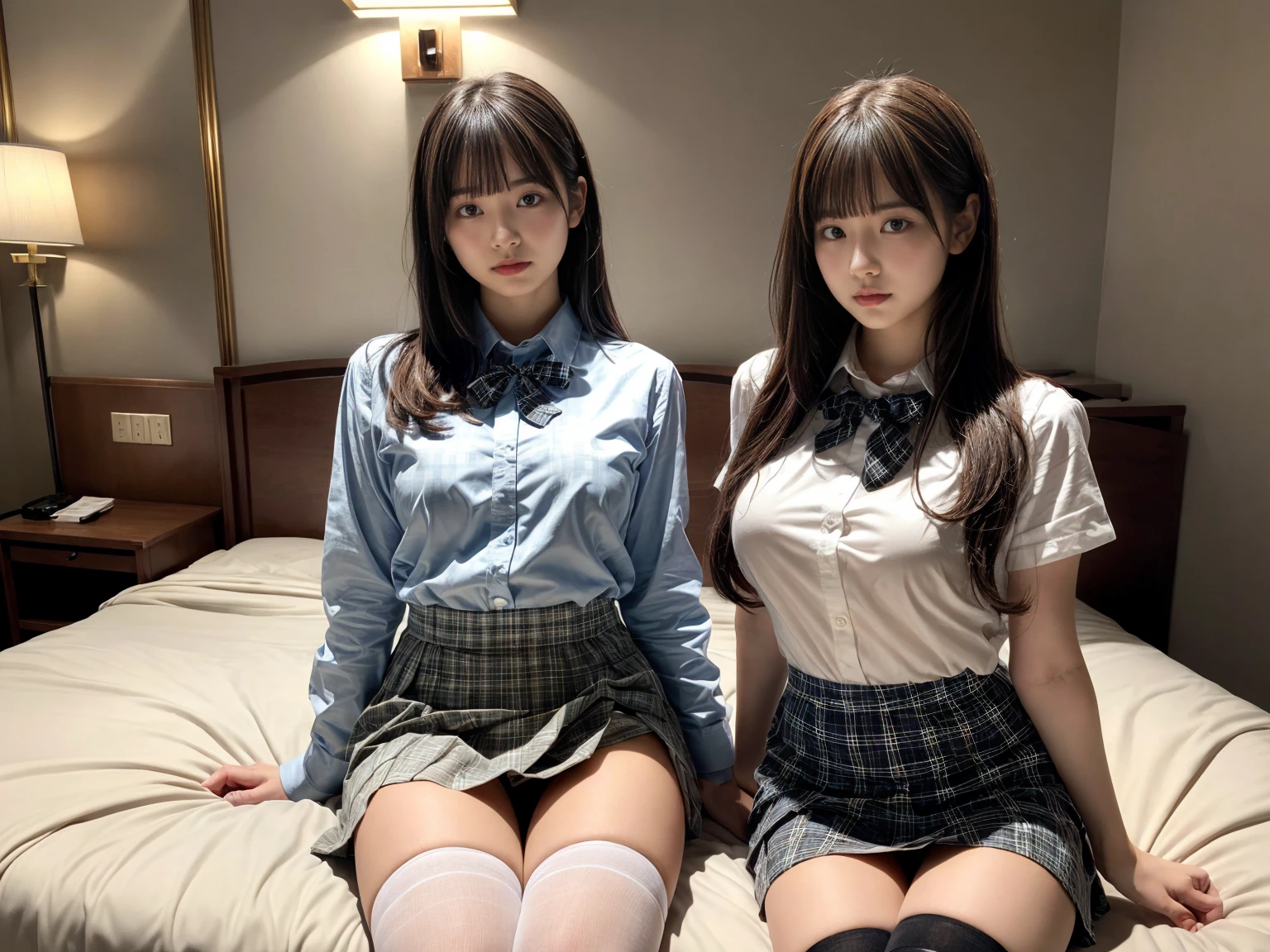 masterpiece, best quality, illustration, Super detailed, fine details, High resolution, 8K,wall paper, perfect dynamic composition,(Details High quality, realistic depiction of eyes:1.3), (3 girls), (white school shirt :1.2), (plaid skirt :1.3), tie black, black thigh-high stockings, sitting, open legs, short bob hair, in a hotel room in the background, deep on field, large breasts, black hair color, Big Natural Color Lip, (perfect body shape), crying a little、Harajuku style、20 year old girl、cute type、beautiful legs, Gravure Idol