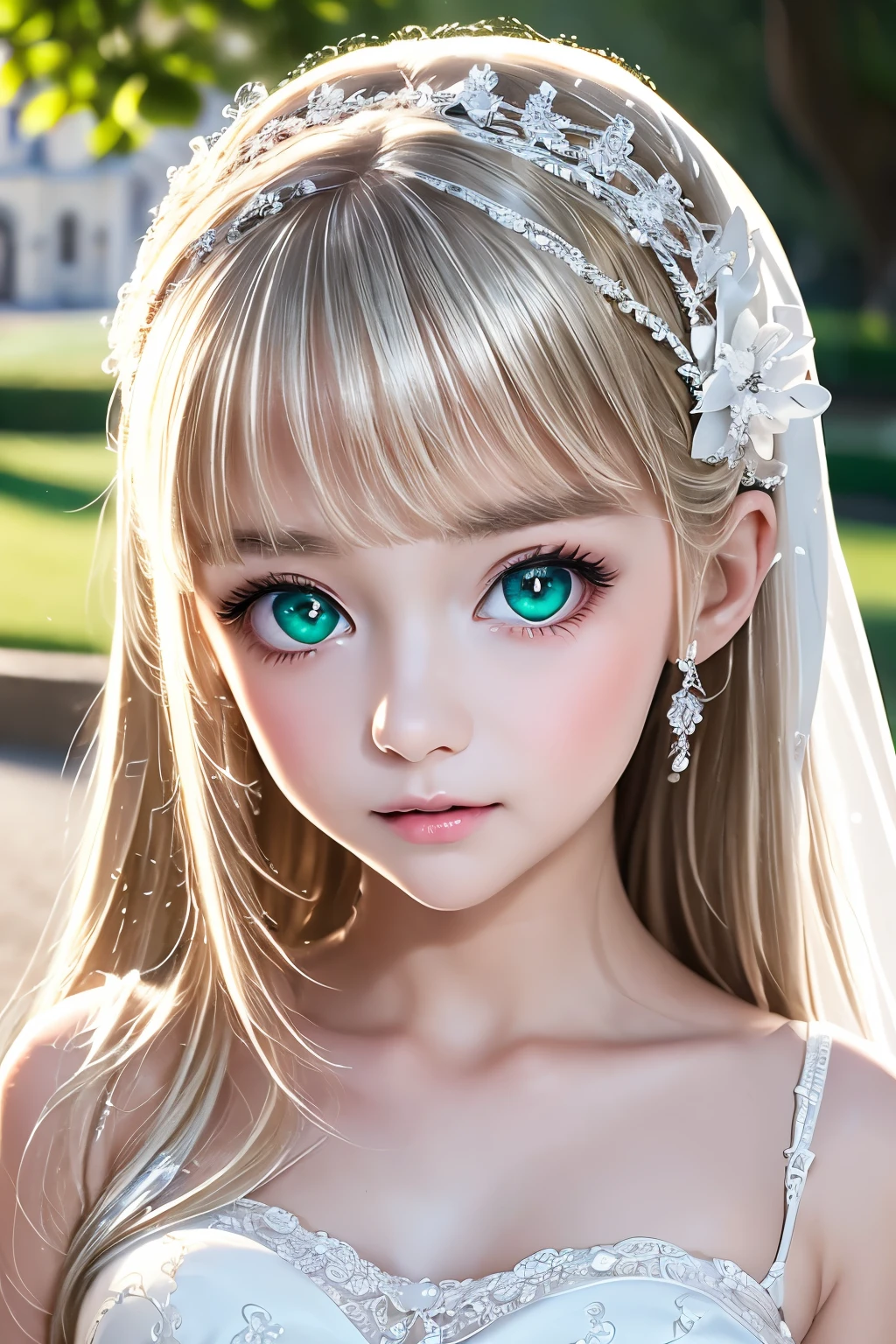 masterpiece,Highest quality,Very detailed,beautiful girl,White gothic ta wedding dress,Frills,bride,Silver Tiara,bouquet,Blonde,A lot of gems,Soft lighting, teen,Perfect Face,Beautiful and detailed eyes,Green Eyes,Beautiful Skin,skinny,Small breasts,Dynamic,Majestic church facade,Lots of flowers,Petals Fall