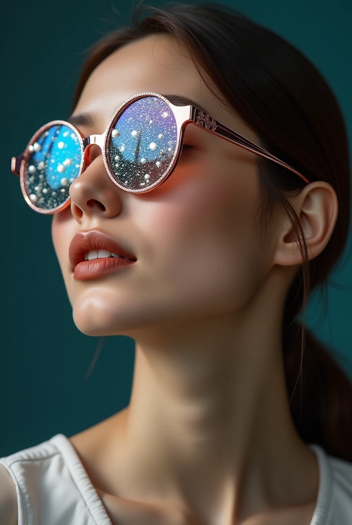 人体The model is wearing glass sunglasses with stars and the moon on the glass