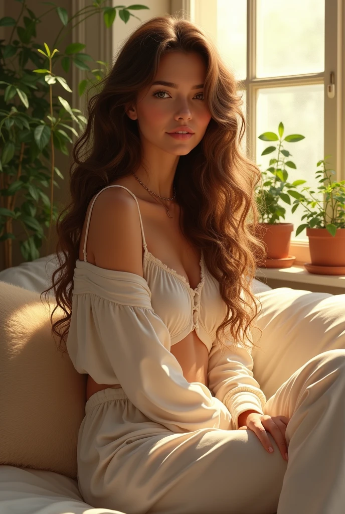 (photorealism:1.2), beautiful woman, sitting on bed, wearing loose off-shoulder top, pajama pants, long curly hair, indoors, soft lighting, plants in background, window with sunlight, cozy room, relaxed pose, realistic, intricate details, warm colors, by Greg Rutkowski, by Alphonse Mucha
